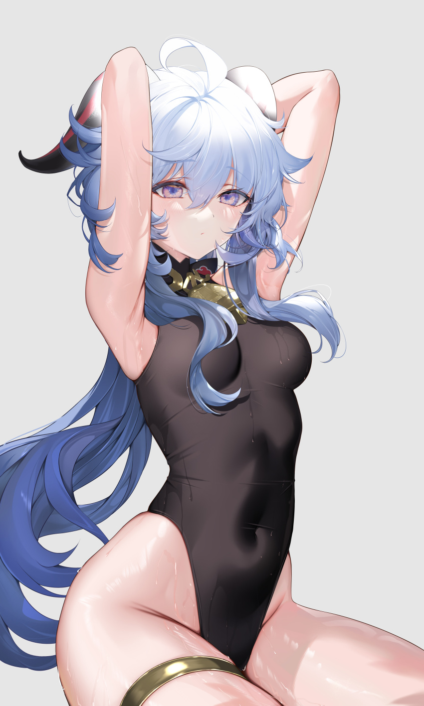 1girl absurdres ahoge armpits arms_up bell black_leotard blue_hair blush breasts covered_navel ganyu_(genshin_impact) genshin_impact groin highres horns leotard long_hair looking_at_viewer low_ponytail mangmao medium_breasts neck_bell purple_eyes sidelocks solo sweat thighs wet wet_clothes