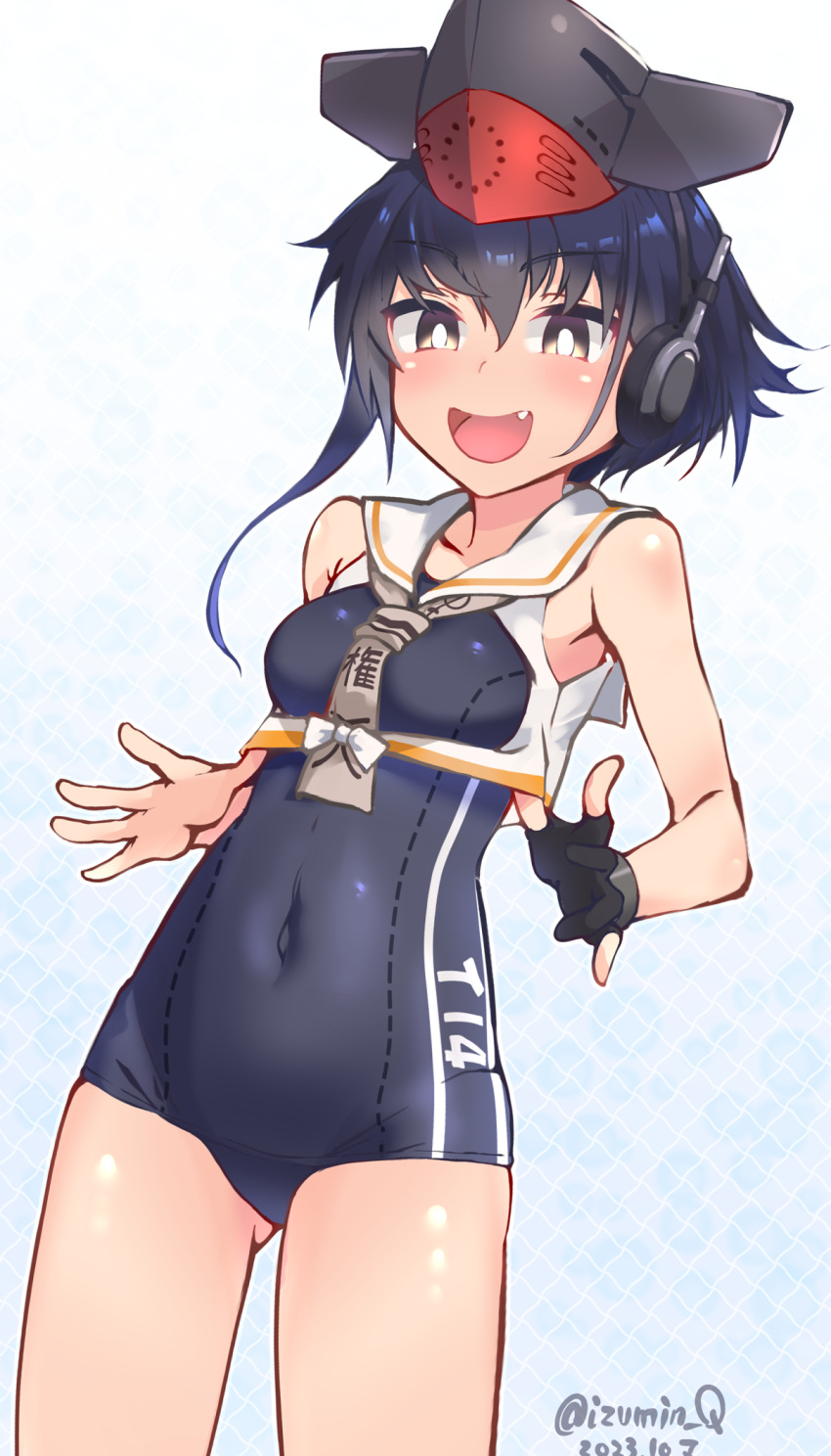 1girl asymmetrical_hair black_hair black_one-piece_swimsuit breast_cutout breasts brown_eyes brown_neckerchief character_name cowboy_shot crop_top dated fang framed_breasts gloves gradient_background hair_between_eyes headphones highres i-14_(kancolle) izumikuma kantai_collection neckerchief one-hour_drawing_challenge one-piece_swimsuit partially_fingerless_gloves sailor_collar school_swimsuit shirt short_hair single_glove sleeveless sleeveless_shirt small_breasts smile solo standing swimsuit swimsuit_under_clothes twitter_username white_background white_sailor_collar white_shirt