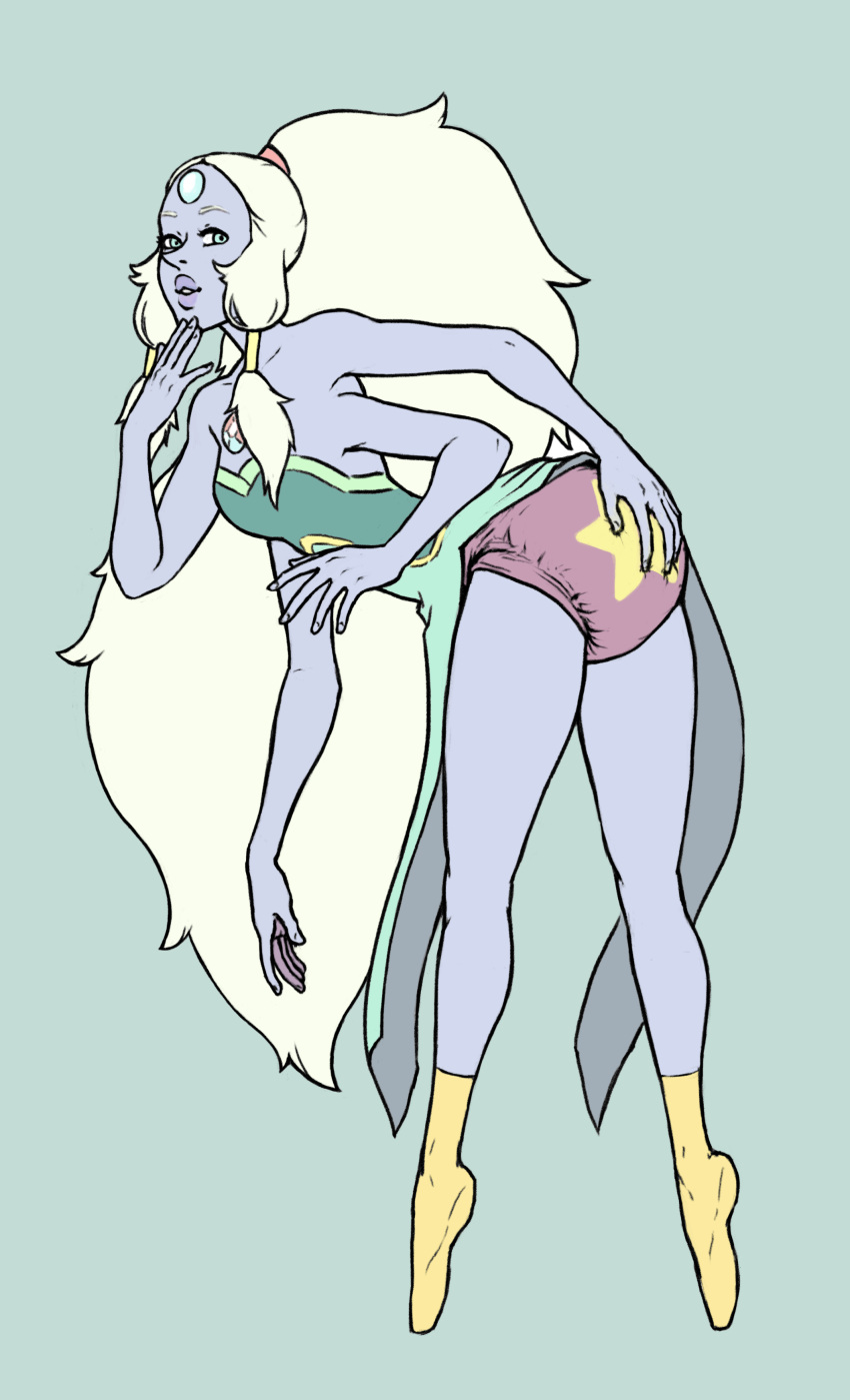 4_arms absurd_res alien alien_humanoid blue_eyes cartoon_network chest_gem clothing dress exposed_diaper female floofnfluff footwear forehead_gem gem_(species) hair hi_res humanoid leaning leaning_forward long_hair looking_at_viewer multi_arm multi_limb opal_(steven_universe) patting_diaper purple_body purple_skin socks solo steven_universe tiptoes white_hair