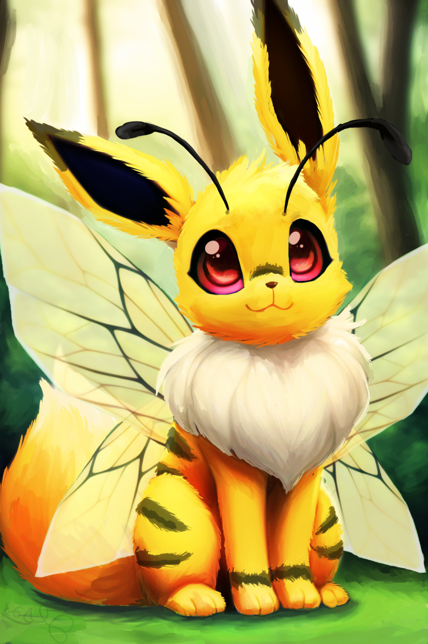 2023 3_toes 4_legs antennae_(anatomy) beedrill beevee big_eyes black_tipped_ears brown_nose cheek_tuft digital_drawing_(artwork) digital_media_(artwork) eevee eyelashes facial_tuft feet female feral fluffy fluffy_chest fluffy_tail forest fur game_freak generation_1_pokemon grass hi_res hybrid inner_ear_fluff insect_wings invalid_tag light long_ears long_tail mammal multicolored_body multicolored_fur mythrava nintendo plant pokemon pokemon_(species) red_eyes shrub signature sitting smile solo striped_body stripes sunlight tail toes tree tuft white_body white_fur white_tail_tip wings yellow_body yellow_fur yellow_wings