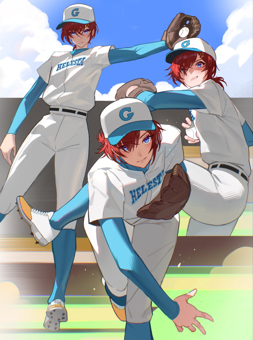 1girl ange_katrina ball baseball baseball_cap baseball_mitt baseball_uniform blue_eyes closed_mouth day hat highres holding holding_ball kamitoge_supino layered_sleeves long_sleeves multiple_views nijisanji outdoors pants parted_lips red_hair shirt shoes short_hair short_over_long_sleeves short_sleeves sportswear white_pants white_shirt