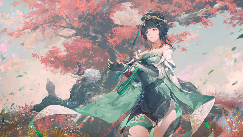1girl 2others absurdres autumn_leaves blunt_bangs breasts brown_eyes chinese_clothes cleavage dark_green_hair detached_sleeves dress floating floating_object gloves grass green_dress green_hair hair_ornament hair_stick hairpin hanying_(punishing:_gray_raven) highres horns jewelry large_breasts leaf light_smile long_hair maple_leaf mechanical_parts mole mole_under_eye multiple_others necklace off-shoulder_dress off_shoulder on_grass outdoors partially_fingerless_gloves punishing:_gray_raven qilin_(mythology) standing thigh_strap thighs tree white_hair yanderenasa