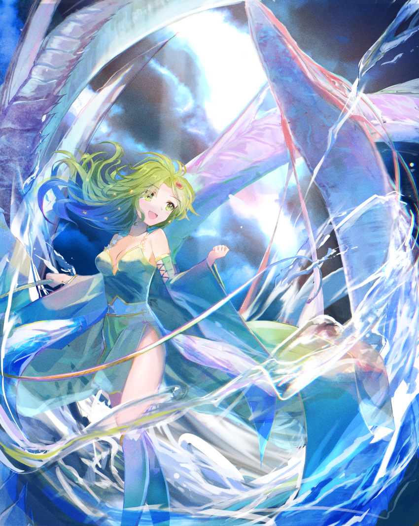 1girl absurdres aged_up breasts cape cleavage detached_sleeves final_fantasy final_fantasy_iv green_eyes green_hair hair_ornament highres kwz_ini leviathan_(final_fantasy) long_hair open_mouth rydia_(ff4) smile thighhighs