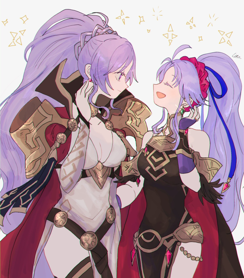 2girls armor aunt_and_niece cape earrings fire_emblem fire_emblem:_genealogy_of_the_holy_war hair_ornament highres ishtar_(fire_emblem) ishtar_(resplendent)_(fire_emblem) jewelry long_hair multiple_girls pauldrons ponytail purple_hair shoulder_armor tailtiu_(fire_emblem) tailtiu_(resplendent)_(fire_emblem) tftf9990