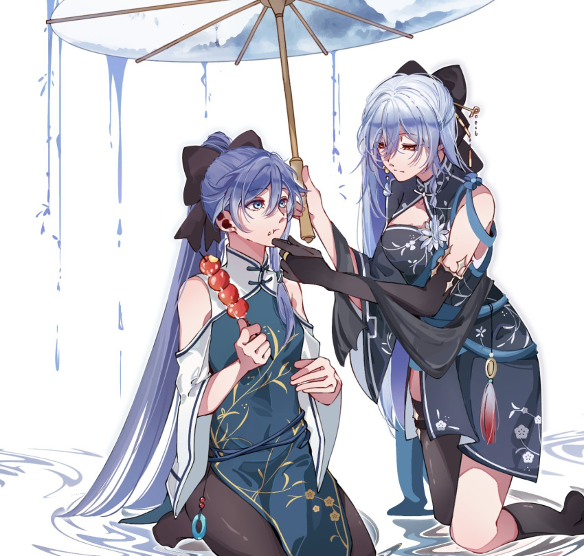 2girls alternate_costume black_ribbon black_thighhighs blue_eyes breasts chinese_clothes cleaning closed_mouth company_connection detached_sleeves earrings eating elbow_gloves food fu_hua gloves grey_hair hair_between_eyes hand_on_another's_chin highres holding holding_umbrella honkai:_star_rail honkai_(series) honkai_impact_3rd implied_yuri jewelry jingliu_(honkai:_star_rail) kneeling long_hair looking_at_another medium_breasts multiple_girls par_sato red_eyes ribbon simple_background single_thighhigh sitting small_breasts stick thighhighs umbrella very_long_hair white_background white_hair