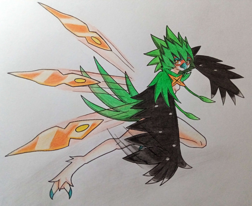 absurd_res anthro avian black_wings decidueye feathers feet female generation_7_pokemon green_body green_feathers hi_res ideltasarc333 looking_at_viewer nintendo pokemon pokemon_(species) solo talons throwing_knife toes wings