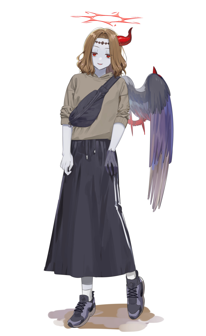 1girl absurdres alternate_costume brown_hair capricious_darklord casual colored_skin duel_monster fallen_angel fanny_pack feathered_wings gloves grey_skin halo highres horns lmn9911 long_skirt long_sleeves medium_hair parted_lips red_eyes shirt single_glove single_horn single_wing skirt sleeves_rolled_up solo wings yu-gi-oh!