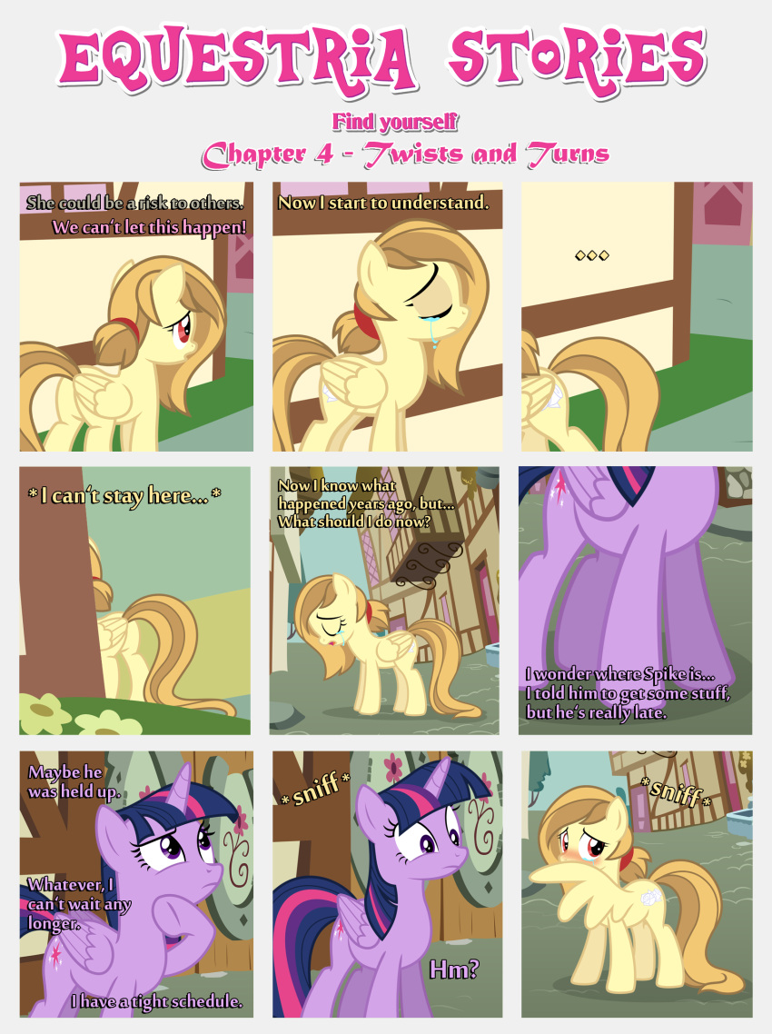 absurd_res alice_goldenfeather_(estories) bangs black_border blush bodily_fluids border crying dialogue duo ears_up embarrassed equid equine estories eyes_closed fake_cutie_mark female feral flower friendship_is_magic frown hasbro hi_res horn leaving mammal my_little_pony off_screen_character pegasus plant ponyville sad sniffling tears twilight_sparkle_(mlp) winged_unicorn wings