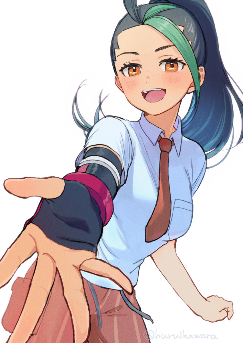 1girl :d black_gloves black_hair blush breast_pocket collared_shirt commentary_request eyelashes fingerless_gloves furukawa_raku gloves green_hair highres long_hair multicolored_hair necktie nemona_(pokemon) open_mouth orange_eyes orange_necktie orange_shorts outstretched_hand pocket pokemon pokemon_(game) pokemon_sv ponytail shirt short_sleeves shorts simple_background smile spread_fingers teeth two-tone_hair upper_teeth_only white_background white_shirt