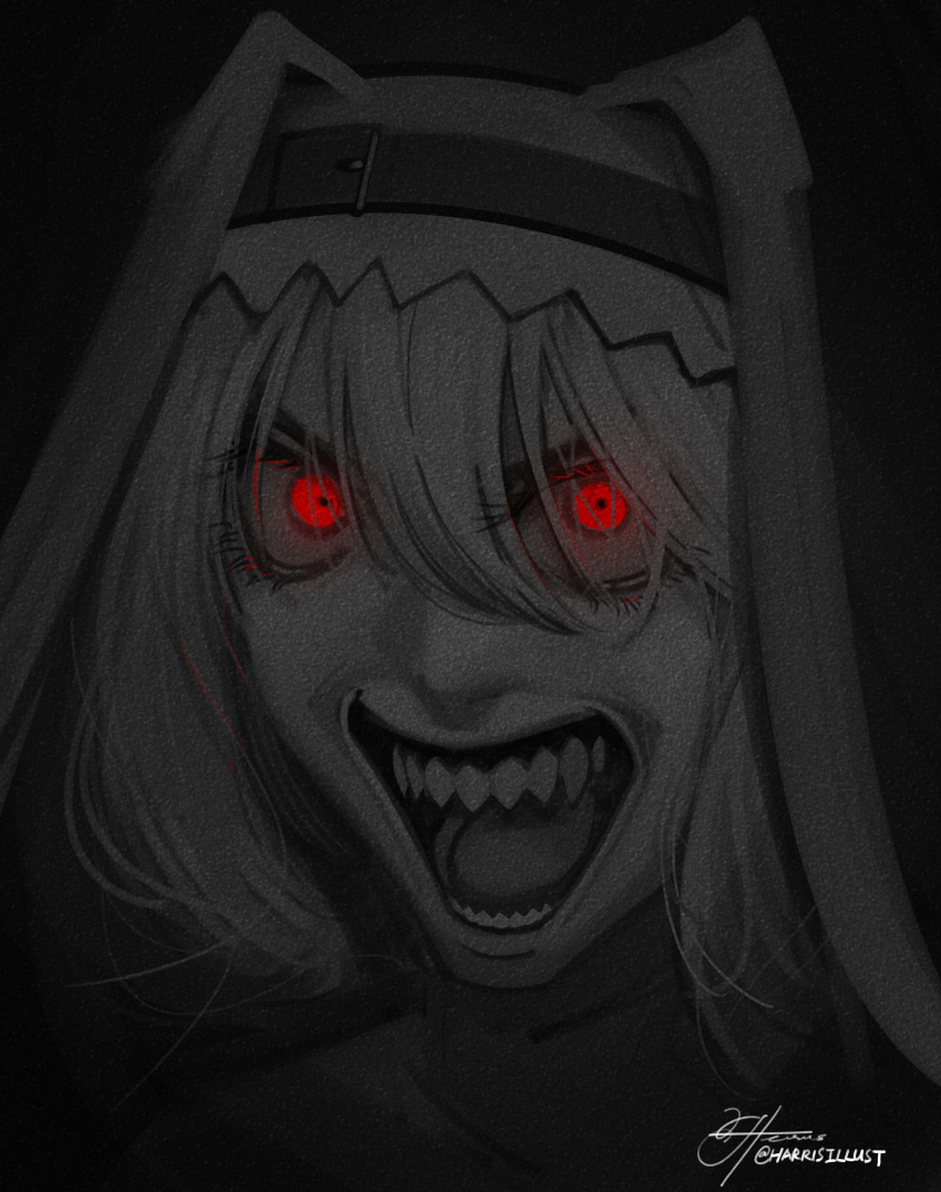 1girl :d absurdres arknights commentary habit hair_between_eyes harris_hero highres limited_palette open_mouth red_eyes sharp_teeth signature smile solo specter_(arknights) spot_color teeth