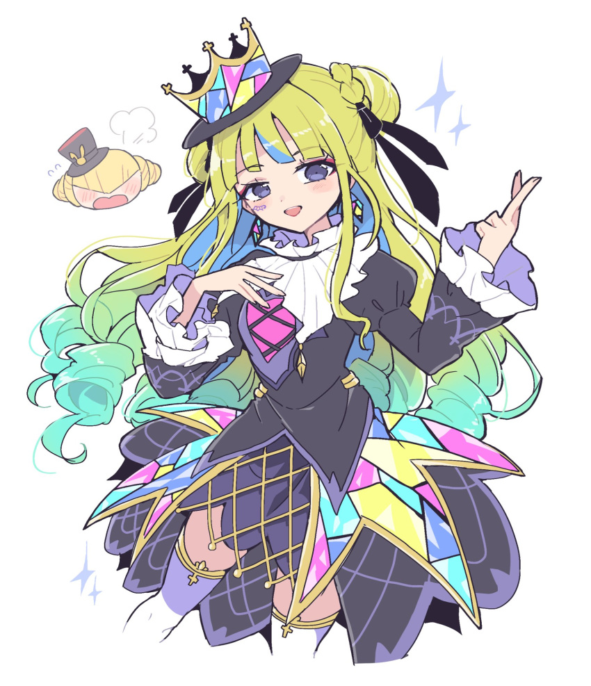 1girl :d =3 black_dress blonde_hair blue_eyes blue_hair blunt_bangs blush braid braided_bun collared_dress colored_inner_hair crown double_bun dress earrings frilled_sleeves frills gothic_lolita gradient_hair hair_bun hand_on_own_chest hand_up hat highres idol_clothes jewelry juliet_sleeves kokoa_remon lolita_fashion long_hair long_sleeves looking_at_viewer mini_hat mini_top_hat multicolored_hair nojima_minami open_mouth pretty_(series) puffy_sleeves ringlets smile sparkle top_hat very_long_hair waccha_primagi! white_background wide_sleeves