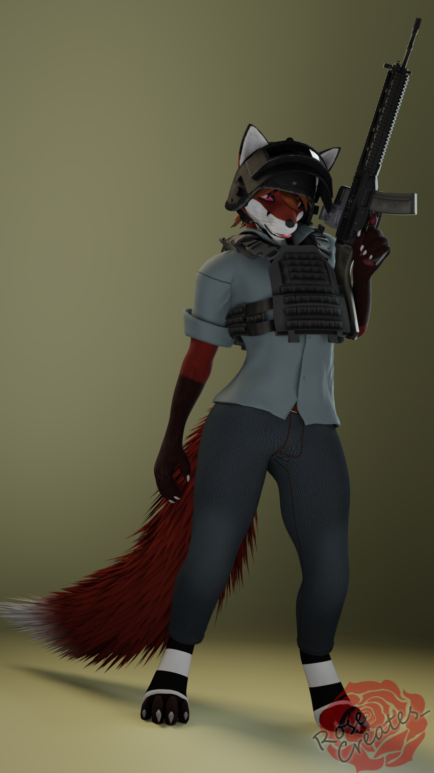3d_(artwork) 4k 9:16 absurd_res anthro armor assault_rifle blender_(software) bottomwear bulletproof_vest canid canine canis clothed clothing digital_media_(artwork) footwear fox gun hair headgear helmet hi_res holding_object holding_weapon kasier_(rosecreates) legwear licking licking_lips looking_at_viewer male mammal open_mouth pants plate_carrier ranged_weapon rifle rosecreates simple_background socks solo tail tongue tongue_out topwear weapon