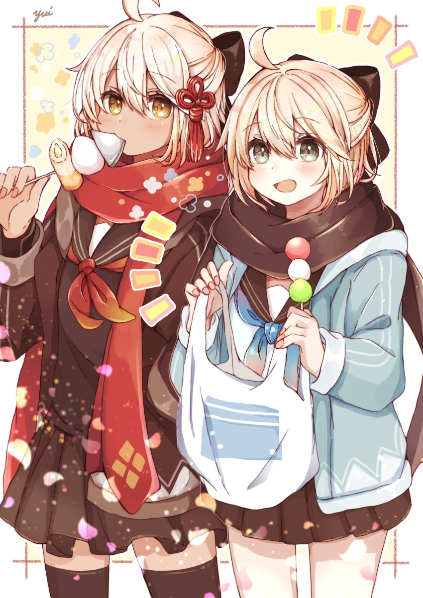 2girls ahoge bag black_bow black_scarf black_serafuku blonde_hair bow dark-skinned_female dark_skin fate/grand_order fate_(series) food food_in_mouth hair_bow hi_(wshw5728) highres holding holding_food long_sleeves multiple_girls okita_souji_(fate) okita_souji_alter_(fate) open_mouth plastic_bag pleated_skirt red_scarf sailor_collar scarf school_uniform serafuku shirt skirt smile white_bor white_eyes white_shirt yellow_eyes