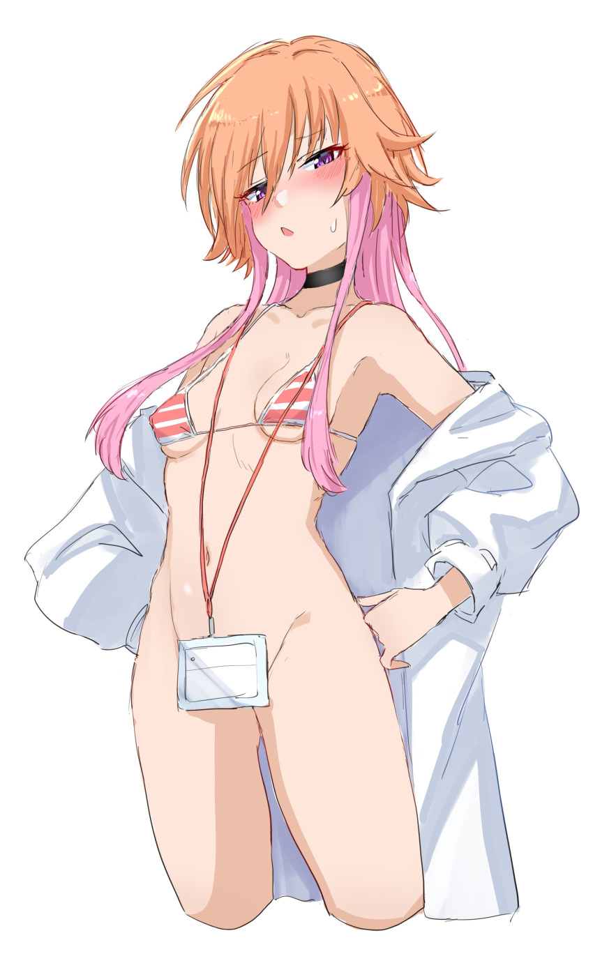 1girl absurdres bikini black_choker blush bottomless breasts breasts_apart choker collarbone covered_nipples cropped_legs groin hair_extensions highres idolmaster idolmaster_cinderella_girls lab_coat lanyard looking_at_viewer navel ninomiya_asuka nose_blush orange_hair pink_hair simple_background small_breasts solo striped striped_bikini sweatdrop swimsuit wasabijoyu76 white_background