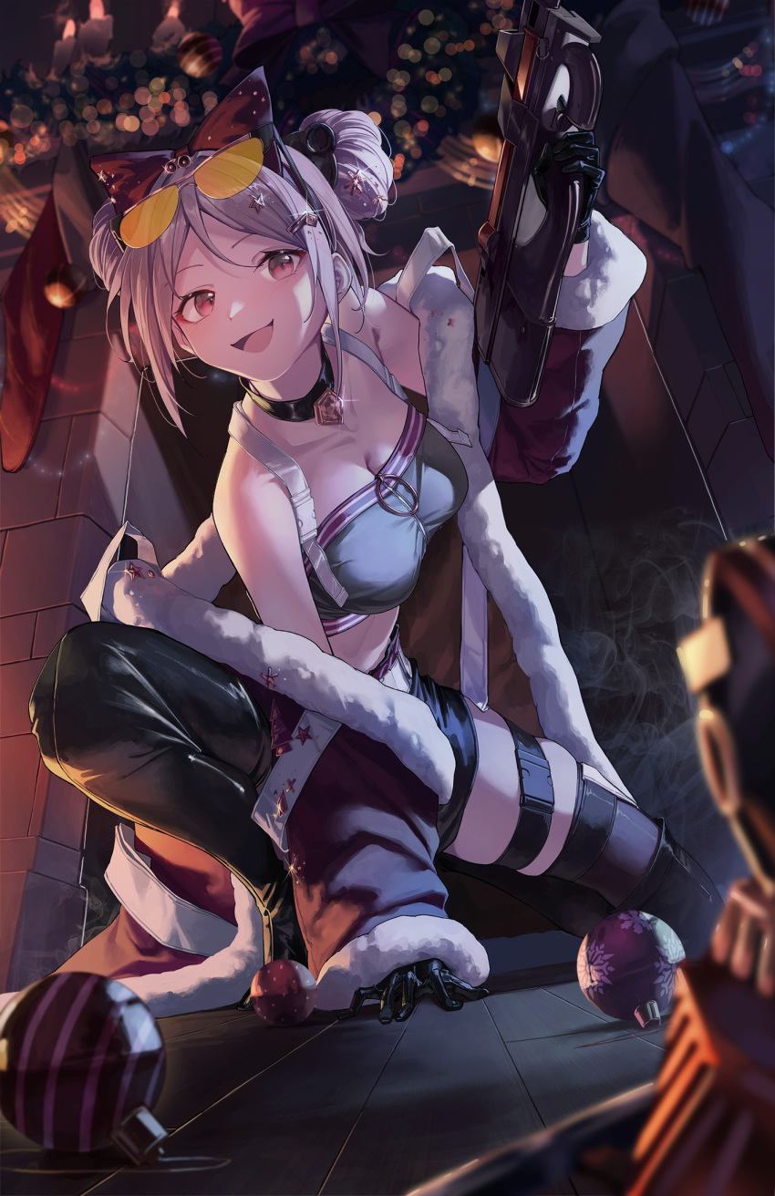1girl bare_shoulders black_gloves boots bow breasts bullpup chimney choker christmas christmas_ornaments cleavage coat collarbone commission eyewear_on_head fur-trimmed_coat fur_trim girls'_frontline gloves grey_hair gun hair_bow hair_ornament highres medium_breasts official_alternate_costume open_clothes open_coat open_mouth p90 p90_(girls'_frontline) p90_(scarlet_turbo)_(girls'_frontline) pixiv_commission red_bow red_coat red_eyes siro_joon smile smoke star_(symbol) star_hair_ornament submachine_gun sunglasses thigh_boots thigh_strap weapon