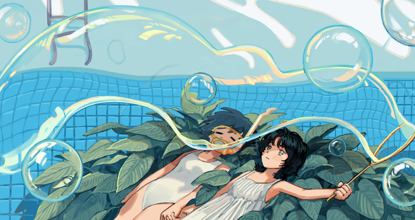 2girls =_= absurdres black_hair blush bubble_wand bush closed_mouth commentary_request covered_mouth diving_mask dress goggles green_eyes highres holding holding_hands interlocked_fingers leaf looking_up lying medium_hair multiple_girls myango_(applemangocrape) on_back one-piece_swimsuit original outstretched_arm plant plant_request pool pool_ladder refraction short_hair side-by-side sleeveless sleeveless_dress snorkel snorkel_in_mouth soap_bubbles spaghetti_strap swimsuit tile_wall tiles white_one-piece_swimsuit wolf_cut yuri
