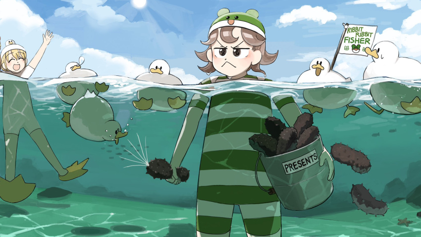 2girls :&lt; :d ^_^ bird blonde_hair brown_eyes brown_hair bucket chicken closed_eyes cloud cloudy_sky clumsy_nun_(diva) diva_(hyxpk) duck english_commentary flag froggy_nun_(diva) green_one-piece_swimsuit highres little_nuns_(diva) multiple_girls nose_bubble ocean old_school_swimsuit one-piece_swimsuit partially_submerged partially_underwater_shot school_swimsuit sea_cucumber short_hair sky smile standing striped striped_one-piece_swimsuit swimsuit white_swimsuit