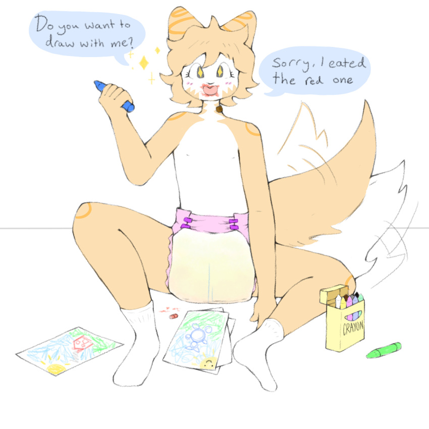 anthro bodily_fluids clothing crayon diaper drawing eating felid footwear genital_fluids hi_res humanoid infantilism kiui male mammal paddedkiui peeing socks solo tail tail_motion tailwag urine what