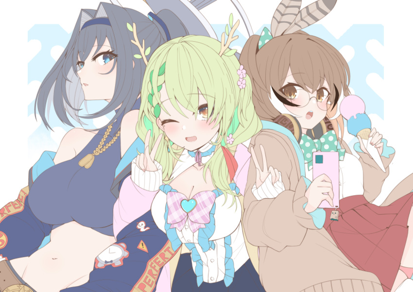 3girls :o absurdres alternate_costume alternate_hairstyle antlers blue_coat blue_hoodie boros_(ouro_kronii) braid braided_bangs brown_cardigan brown_eyes brown_hair cardigan cellphone ceres_fauna cleavage_cutout clothing_cutout coat crop_top dog_tags double_v dress_shirt earrings feather_hair_ornament feathers fingernails flower friend_(nanashi_mumei) frills green_hair green_ribbon hair_flower hair_ornament hair_ribbon halter_shirt halterneck headphones heart heart-shaped_gem highres hololive hololive_english hood hoodie ice_cream_cone jewelry kronie_(ouro_kronii) long_hair looking_at_viewer midriff mole mole_under_eye multicolored_hair multiple_girls nanashi_mumei necklace off_shoulder one_eye_closed parted_lips phone plaid plaid_ribbon pleated_skirt polka_dot red_skirt ribbon senbon_tsuki shirt short_hair sign simple_background skirt smartphone streaked_hair teeth upper_teeth_only v virtual_youtuber warning_sign white_shirt yellow_eyes