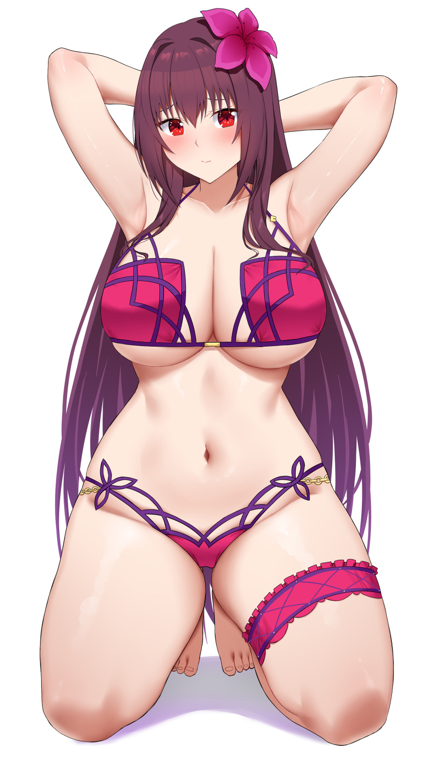 1girl absurdres arind_yudha armpits arms_behind_head arms_up bare_shoulders bikini bracelet breasts bridal_garter cleavage collarbone fate/grand_order fate_(series) flower hair_between_eyes hair_flower hair_ornament hibiscus highres jewelry kneeling large_breasts long_hair looking_at_viewer navel purple_bikini purple_hair red_eyes scathach_(fate) scathach_(swimsuit_assassin)_(fate) solo swimsuit thighs