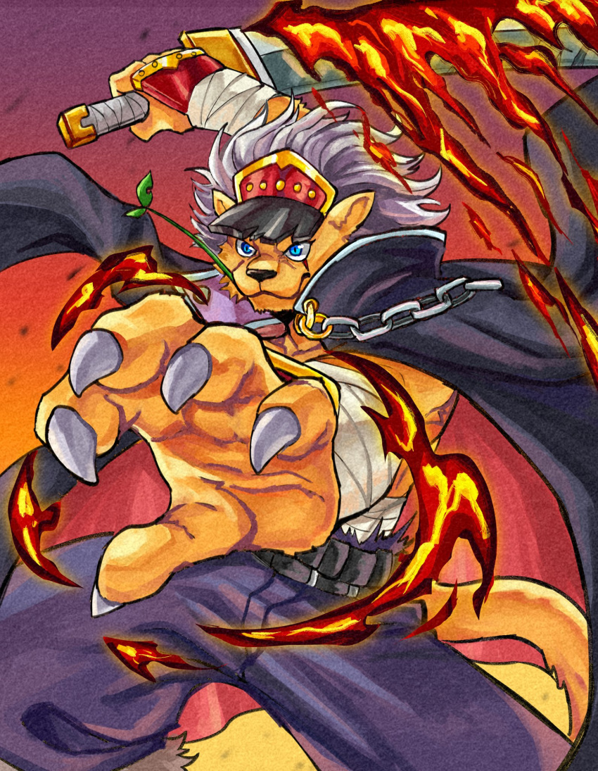 1boy animal_ears bancholeomon banchou bandaged_arm bandages belt black_jacket blue_eyes blue_pants claws delinquent digimon digimon_(creature) fire flaming_weapon furry furry_male grey_hair highres holding holding_sword holding_weapon huhunuo111 jacket jacket_on_shoulders lion_boy looking_at_viewer male_focus medium_hair open_clothes open_jacket pants reverse_grip solo sword tail weapon