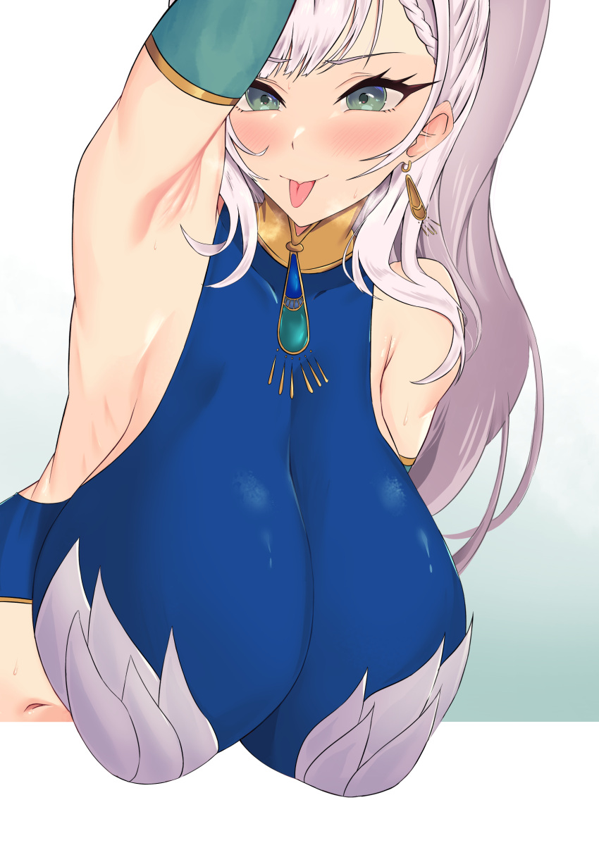 1girl :p absurdres alternate_breast_size aqua_eyes armpit_crease armpits bare_shoulders blush breasts earrings grey_hair hanging_breasts highres hololive hololive_indonesia huge_breasts jewelry long_hair navel pavolia_reine pavolia_reine_(1st_costume) ponytail rika_(akarika057) simple_background tongue tongue_out upper_body virtual_youtuber