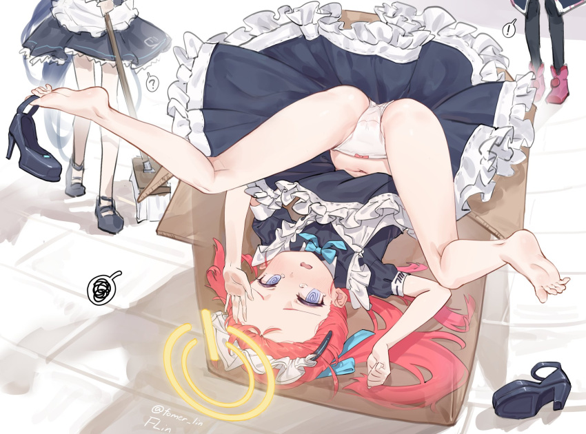 ! 3girls ? @_@ alternate_costume apron aqua_ribbon aris_(blue_archive) aris_(maid)_(blue_archive) artist_name ass barefoot black_dress black_footwear blue_archive blue_eyes bow bow_panties box cameltoe cardboard_box dress enmaided feet fomerlin frilled_apron frilled_dress frills hair_ribbon halo head_out_of_frame high_heels highres in_box in_container maid maid_apron maid_headdress mary_janes momoi_(blue_archive) multiple_girls navel official_alternate_costume open_mouth panties parted_bangs red_hair ribbon shoe_dangle shoes shoes_removed soles spoken_exclamation_mark spoken_question_mark spoken_squiggle squiggle stomach tearing_up thighs toes twitter_username underwear upside-down wavy_mouth white_apron white_panties yuzu_(blue_archive) yuzu_(maid)_(blue_archive)