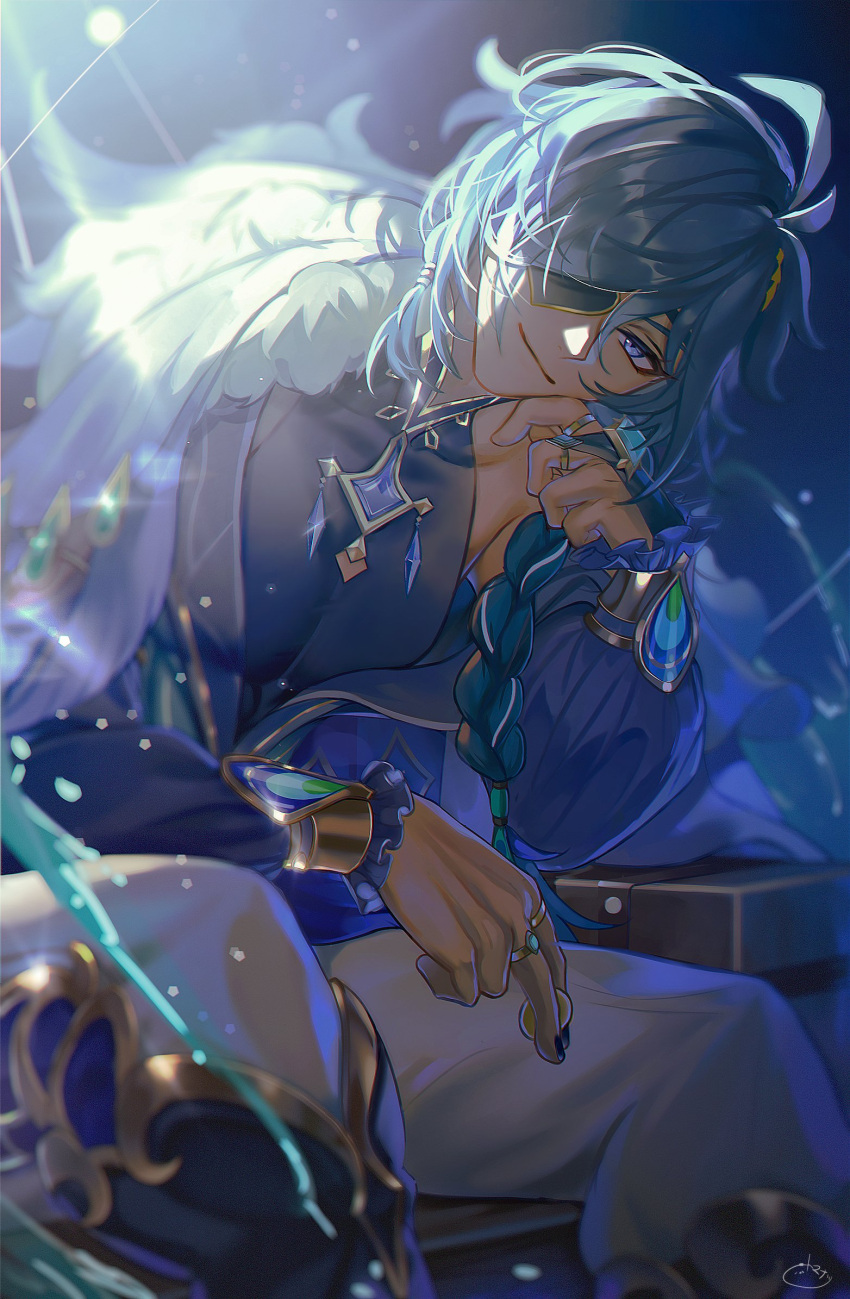 1boy ahoge antenna_hair black_nails blue_background blue_eyes blue_hair blurry blurry_foreground braid cropped_legs depth_of_field earrings eyepatch fingernails gem genshin_impact hair_between_eyes head_rest head_tilt highres jacket jewelry kaeya_(genshin_impact) long_hair long_sleeves looking_at_viewer male_focus multiple_rings necklace pectorals ponytail puffy_sleeves ring sidelocks signature simple_background single_braid sitting smile solo sparkle tomanattsu