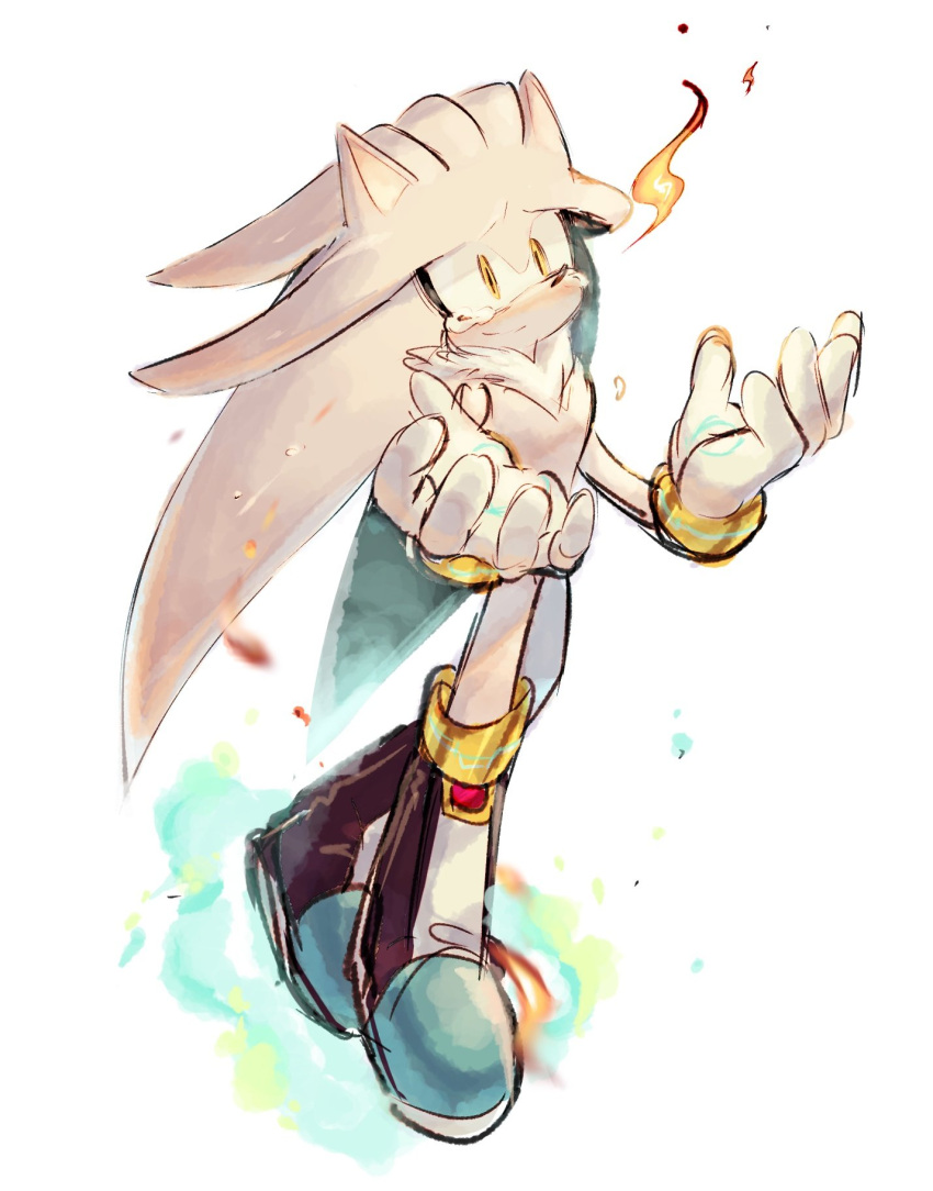 1boy boots bracelet fire furry furry_male gloves highres jewelry male_focus silver_the_hedgehog sketch smile solo sonic_(series) sonic_the_hedgehog_(2006) tearing_up tears usa37107692 white_gloves