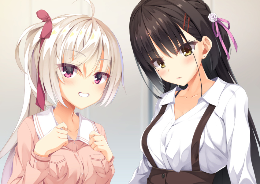 2girls ahoge akizuki_kanna aria. arms_at_sides blurry blurry_background blush braid breasts brown_skirt cafe_stella_to_shinigami_no_chou closed_mouth collarbone commentary_request crossed_bangs dress_shirt earrings eyelashes eyes_visible_through_hair flower frown grin hair_between_eyes hair_flower hair_ornament hair_ribbon hairclip hands_up high-waist_skirt jacket jewelry lips long_sleeves looking_at_viewer medium_breasts mole mole_under_eye multiple_girls pink_jacket pink_ribbon purple_eyes ribbon rose shiki_natsume shirt side_braid side_ponytail simple_background skirt smile stud_earrings suspender_skirt suspenders sweatdrop upper_body white_flower white_hair white_rose white_shirt wing_collar yellow_eyes