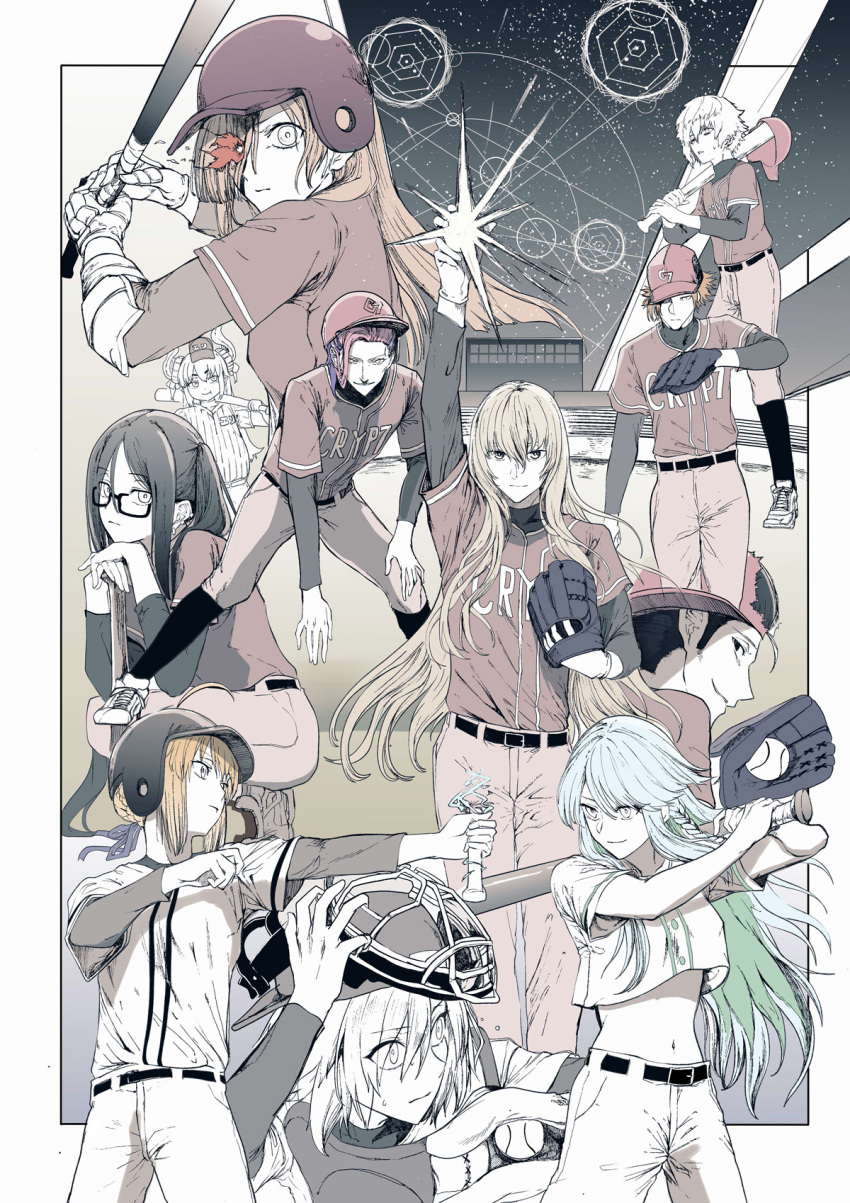 akuta_hinako artoria_pendragon_(fate) baseball baseball_bat baseball_cap baseball_mitt baseball_stadium baseball_uniform beryl_gut braid constellation daybit_sem_void elizabeth_bathory_(fate) elizabeth_bathory_(fate/extra_ccc) fate/grand_order fate_(series) flaming_eye glowing hair_over_one_eye hat helmet highres horns invisible_air_(fate) kadoc_zemlupus kirschtaria_wodime kukulkan_(fate) long_hair mash_kyrielight midriff navel ophelia_phamrsolone saber scandinavia_peperoncino sportswear syatey twintails