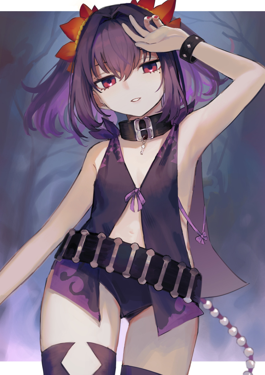 1girl absurdres armpits belt black_choker bracelet braid choker commission flower hair_flower hair_ornament hand_on_own_head highres jewelry looking_at_viewer mole mole_under_eye nabeno_desu nail_polish purple_eyes purple_hair red_nails revealing_clothes sideless_outfit simple_background smile solo symonne_(tales) tales_of_(series) tales_of_zestiria thighhighs twintails