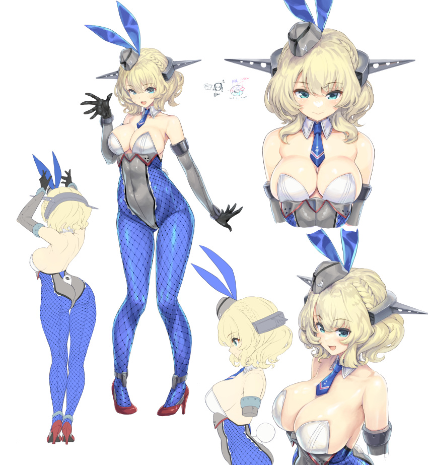 1girl absurdres animal_ears ass bare_legs blonde_hair blue_eyes blue_necktie blue_pantyhose bow breasts cleavage colorado_(kancolle) commentary_request commission cowboy_shot detached_collar fishnet_pantyhose fishnets headgear highres kantai_collection kiyama_satoshi large_breasts leotard looking_at_viewer multiple_views necktie pantyhose playboy_bunny rabbit_ears rabbit_tail short_hair side-tie_leotard simple_background skeb_commission smile standing strapless strapless_leotard tail upper_body white_background white_footwear white_leotard wrist_cuffs
