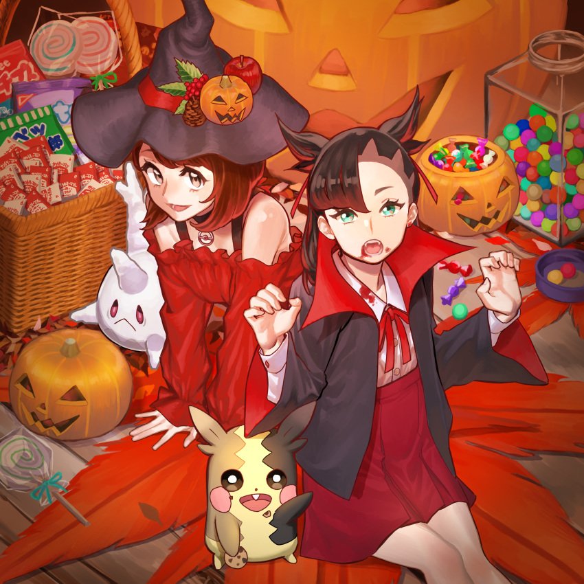 2girls :d absurdres alternate_hairstyle apple arm_support basket black_choker black_hair black_headwear black_jacket bow bowtie brown_eyes brown_hair buttons candy candy_jar choker claw_pose commentary_request cookie detached_sleeves dress fake_blood fangs food fruit galarian_corsola gloria_(pokemon) green_eyes hair_ribbon halloween halloween_costume hat high-waist_skirt highres jack-o'-lantern jack-o'-lantern_hat_ornament jacket lollipop long_hair looking_at_viewer marnie_(pokemon) matsu_bokkuri morpeko morpeko_(full) multiple_girls on_floor open_clothes open_jacket open_mouth pineapple poke_ball_symbol pokemon pokemon_(creature) pokemon_(game) pokemon_swsh pumpkin red_bow red_bowtie red_dress red_ribbon red_skirt ribbon shirt short_hair sitting skirt sleeves_past_wrists smile two_side_up vampire_costume white_shirt wide_sleeves witch witch_hat wrapped_candy