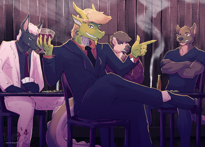 alcohol beverage canid canine canis celadon_vian cigarette cigarette_smoke clothing cocky_smile container cup domestic_dog dragon drinking_glass glass glass_container glass_cup hi_res hyena imminent_rape instant_loss_2koma jackal jaeger_wunderkind male mammal reptile scalie smile smirk suit wine wine_glass