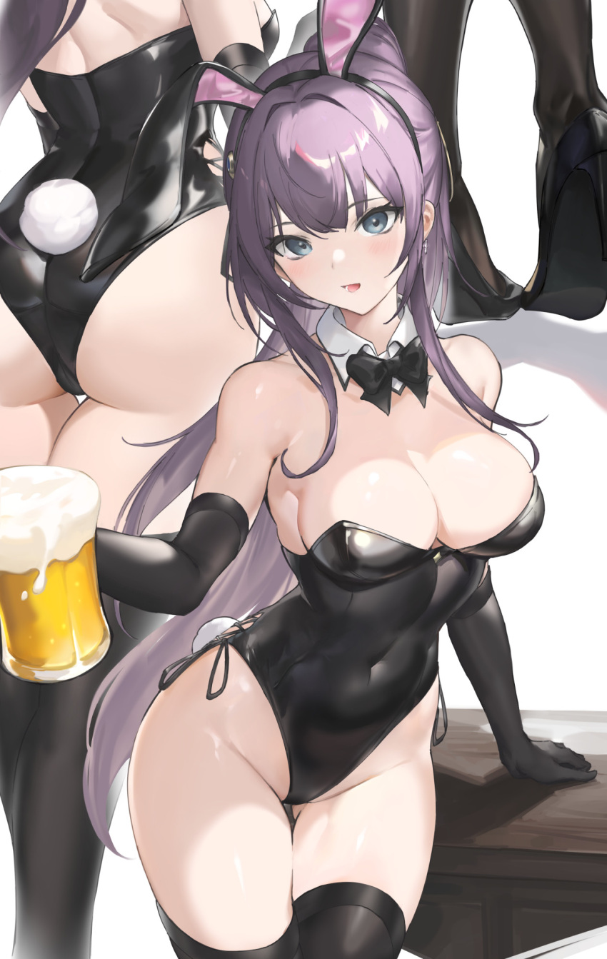1girl :d animal_ears ass ass_visible_through_thighs bare_shoulders black_leotard blush bow bowtie breasts cleavage commentary_request covered_navel cup detached_collar elbow_gloves fake_animal_ears fake_tail gloves hair_between_eyes high_heels highleg highleg_leotard highres holding holding_cup large_breasts leotard long_hair looking_at_viewer multiple_views navel original parfaitlate playboy_bunny ponytail purple_eyes rabbit_ears rabbit_tail sidelocks smile solo strapless strapless_leotard tail thigh_gap thighhighs thighs wrist_cuffs