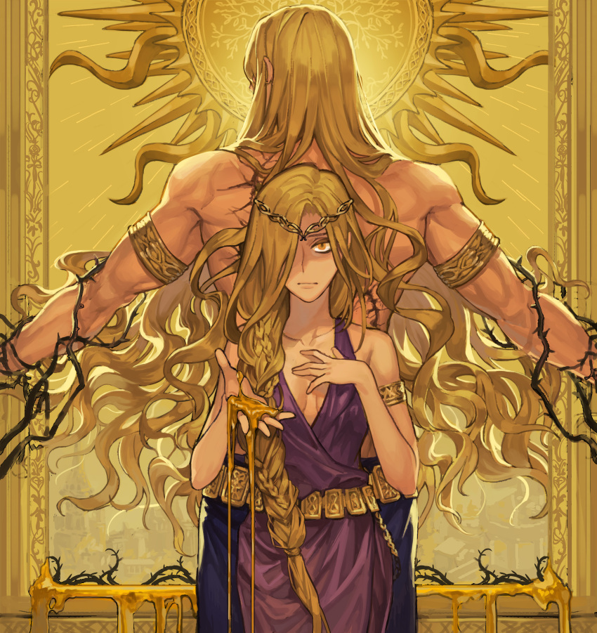 1boy 1girl absurdres arm_vines armlet back-to-back bare_arms bare_back bare_shoulders blonde_hair blue_dress blue_skirt bracelet breasts crown diadem dress dripping elden_ring facing_away godwyn_the_golden gold_belt gold_bracelet gold_diadem hair_over_one_eye hand_on_own_chest highres holding_liquid jewelry long_braid long_hair looking_at_viewer metal_belt mother_and_son one_eye_covered outstretched_arms parent_and_child plant plunging_neckline queen_marika_the_eternal scar scar_on_back skirt sleeveless sleeveless_dress small_breasts spread_arms sunburst sunburst_background tachi_(tachibana) thorns very_long_hair vines yellow_background yellow_eyes yellow_liquid