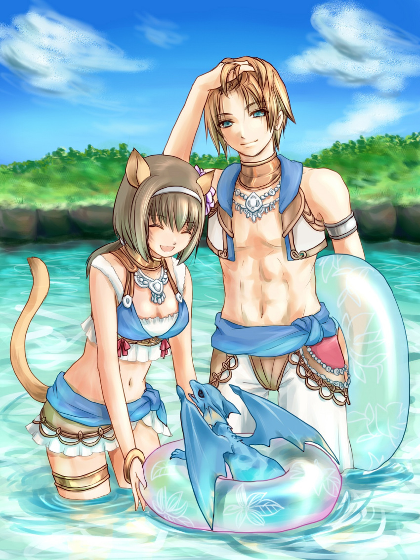 1boy 1girl :d ^_^ animal_ears avatar_(ff11) bangs bare_shoulders bikini blonde_hair blue_eyes blue_sky breasts brown_hair cat_ears cat_girl cat_tail cleavage closed_eyes closed_mouth day dragon dragoon_wyvern_(ff11) facial_mark final_fantasy final_fantasy_xi flower grey_hairband hair_between_eyes hair_flower hair_ornament hairband hand_in_own_hair highres hume in-universe_location long_hair looking_at_viewer medium_breasts mithra_(ff11) navel open_clothes open_mouth open_vest outdoors pink_ribbon ponytail purple_flower ribbon sakutsuki short_hair sky smile standing swimsuit tail tail_raised thighlet vest wading water whisker_markings