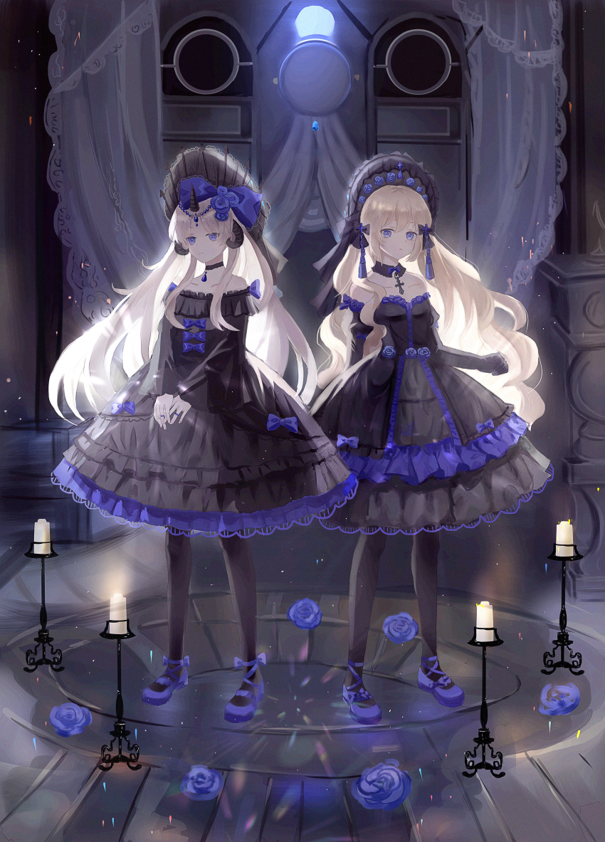 2girls absurdres bare_shoulders black_bow black_choker black_dress black_gloves black_headwear black_pantyhose black_sleeves blonde_hair blue_bow blue_flower blue_footwear blue_rose bonnet bow candle candlestand chandelier choker closed_mouth collarbone curtains detached_sleeves dress elbow_gloves fire flower frilled_dress frills full_body gloves gothic_lolita hair_bow hair_flower hair_ornament hair_ribbon hat highres iceblue indoors jewelry juliet_sleeves layered_dress lolita_fashion long_hair long_sleeves looking_at_viewer multiple_girls necklace off_shoulder original own_hands_together pantyhose pendant puffy_sleeves ribbon ring rose shoes standing strapless strapless_dress very_long_hair white_hair