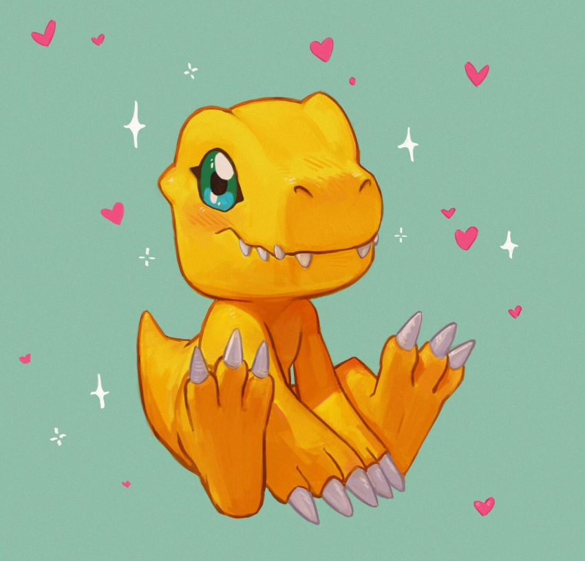 agumon agumon_(artist) claws closed_mouth colored_skin commentary digimon digimon_(creature) dragon english_commentary fangs full_body green_background green_eyes heart highres light_smile looking_at_viewer monster on_floor orange_skin simple_background sitting solo sparkle