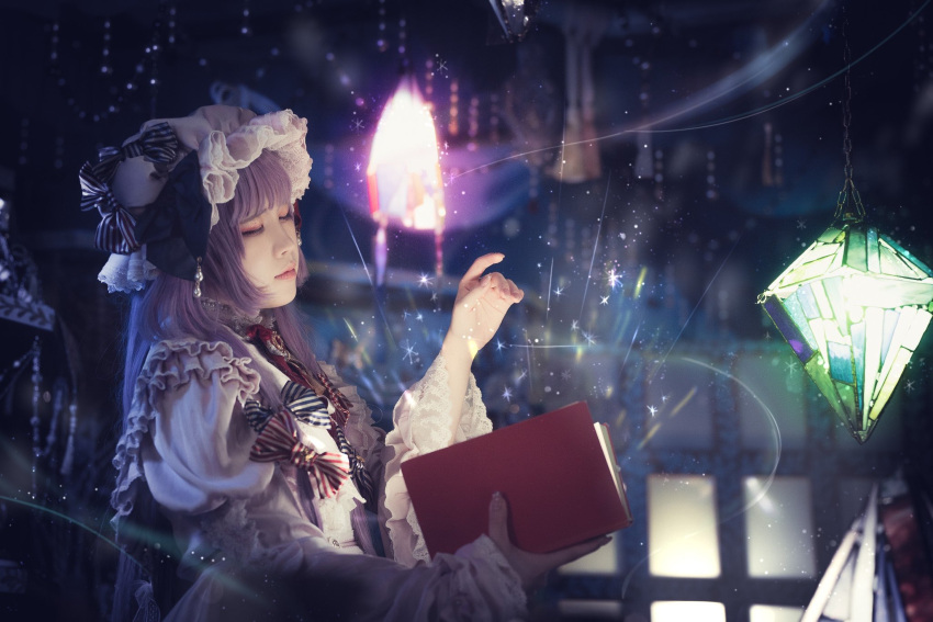 1girl blurry blurry_background book closed_eyes closed_mouth cosplay cosplay_photo depth_of_field from_side glowing_book gsotm_mik hat hat_ornament highres holding holding_book juliet_sleeves lantern long_hair long_sleeves mob_cap patchouli_knowledge patchouli_knowledge_(cosplay) photo_(medium) puffy_sleeves purple_hair solo touhou upper_body very_long_hair