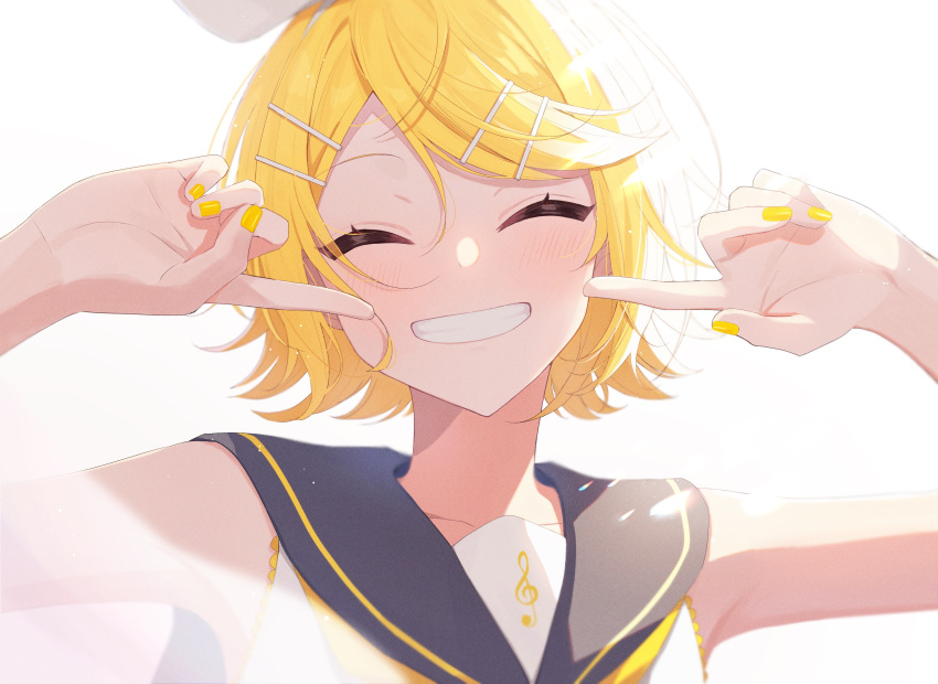 blonde_hair bow closed_eyes hair_ornament hairclip highres kagamine_rin light_blush open_mouth sailor_collar shirt sleeveless sleeveless_shirt smile treble_clef vocaloid white_bow yellow_nails