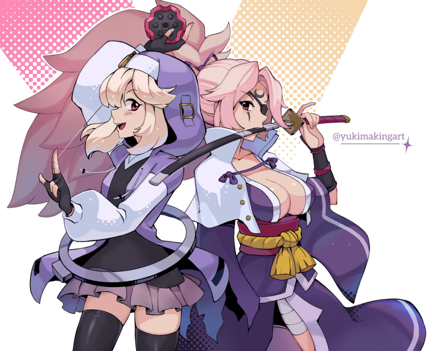 1boy 1girl amputee baiken big_hair black_gloves black_thighhighs blonde_hair breasts bridget_(guilty_gear) cleavage cuffs eyepatch facial_tattoo fingerless_gloves gloves guilty_gear guilty_gear_strive guilty_gear_xrd habit handcuffs highres hood hood_up hooded_jacket hoodie jacket japanese_clothes kataginu katana kimono large_breasts long_hair long_sleeves looking_at_viewer medium_hair mouth_hold multicolored_clothes multicolored_kimono obi official_alternate_color official_alternate_eye_color one-eyed open_clothes open_hoodie open_kimono open_mouth otoko_no_ko pink_hair pleated_skirt puffy_long_sleeves puffy_sleeves purple_kimono red_eyes samurai sash skirt smile sword tassel tattoo thighhighs torn_sleeve weapon white_kimono yo-yo yukimakingart