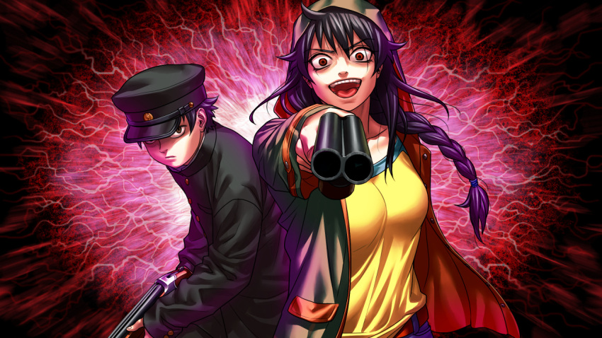 1boy 1girl black_hair braid braided_ponytail breasts brown_eyes buttons closed_mouth gakuran game_cg gun hair_tie hat holding holding_gun holding_weapon hood hood_up hooded_jacket jacket kagelow kamoshida_chikamochi long_hair long_sleeves looking_at_viewer military_hat official_art open_clothes open_jacket open_mouth raging_loop red_eyes school_uniform serizawa_chiemi short_hair spoilers teeth third-party_source tongue upper_body upper_teeth_only weapon