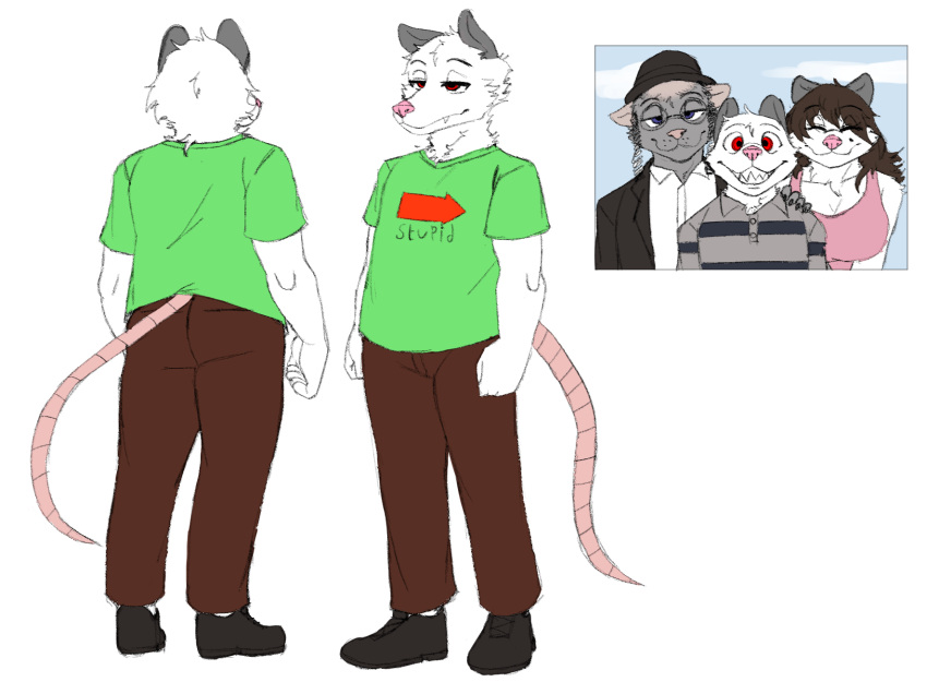 2023 anthro biped bottomwear clothed clothing craig_benting didelphid digital_drawing_(artwork) digital_media_(artwork) fangs father front_view full-length_portrait fur group hi_res male mammal marsupial model_sheet mother pants parent portrait rear_view red_eyes ringpaw shirt simple_background smile solo standing tail teeth topwear trio virginia_opossum white_body white_fur