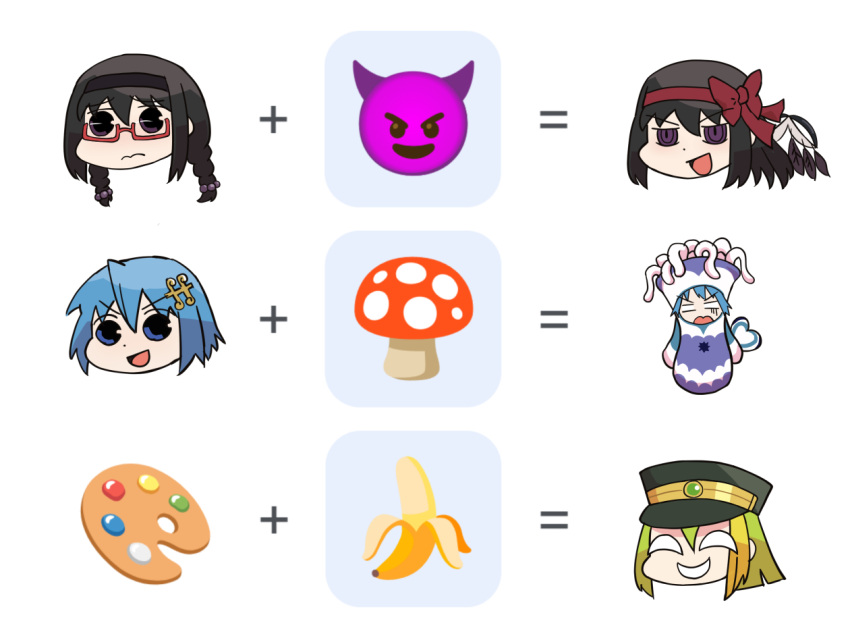 3girls akemi_homura akuma_homura alina_gray black_hair black_hairband black_headwear black_wings blank_eyes blue_eyes blue_hair braid closed_eyes commentary_request emoji emoji_kitchen_(meme) equal_sign equation fly_agaric fusion gilcrows glasses green_hair hair_ornament hairband hat long_hair magia_record:_mahou_shoujo_madoka_magica_gaiden mahou_shoujo_madoka_magica meme miki_sayaka multicolored_hair multiple_girls mushroom official_alternate_costume open_mouth palette_(object) peaked_cap plus_sign purple_eyes red-framed_eyewear red_hairband short_hair smile streaked_hair surprised twin_braids v-shaped_eyebrows wings