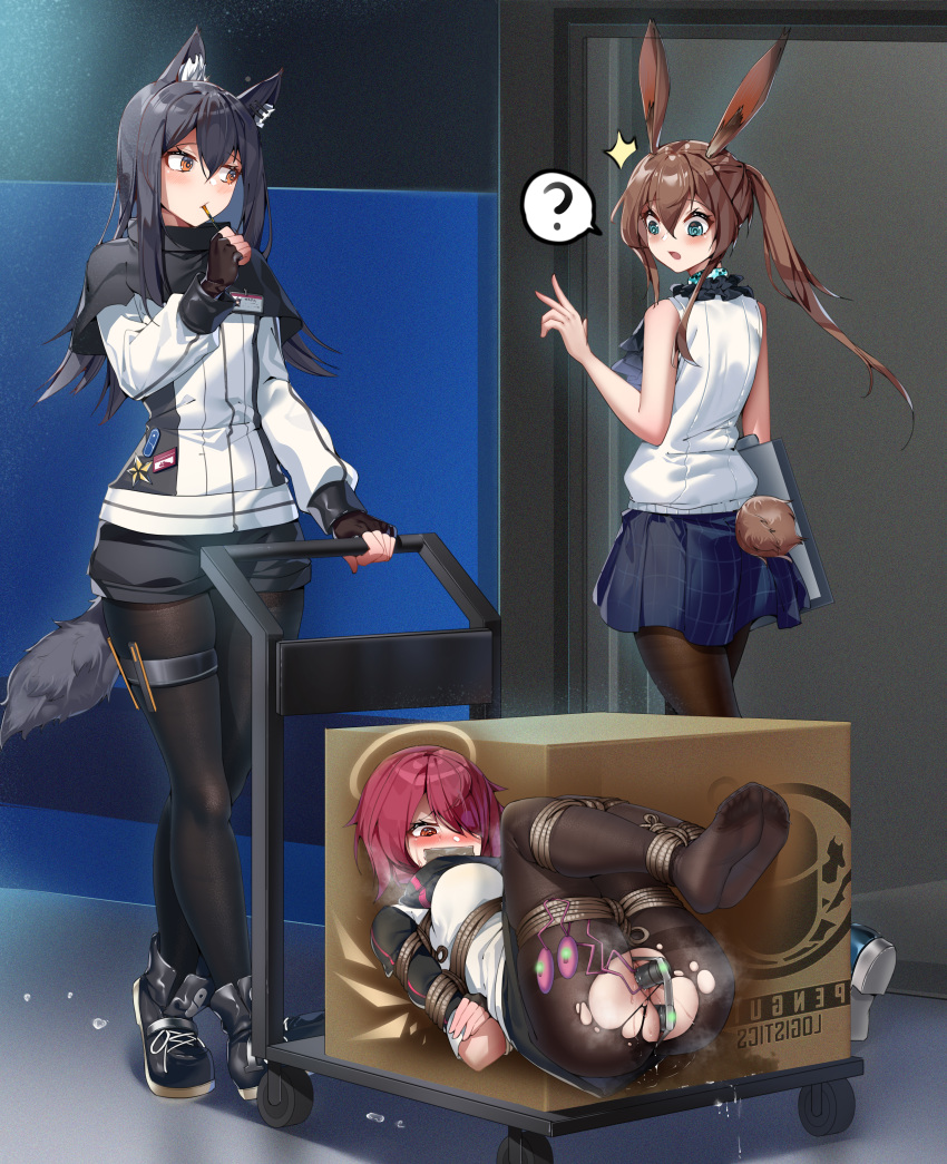 3girls ? ^^^ absurdres aiza-ku amiya_(arknights) anal anal_object_insertion animal_ear_fluff animal_ears ankle_boots anus arknights arms_behind_back bare_arms bare_shoulders bdsm black_capelet black_footwear black_hair black_panties black_pantyhose black_shorts blue_skirt blush bondage boots bound bound_arms bound_legs box breasts brown_pantyhose capelet cardboard_box clipboard detached_wings dildo dildo_under_panties eating energy_wings exusiai_(arknights) fingerless_gloves full_body gag gloves hair_over_one_eye hallway halo highres id_card improvised_gag indoors jacket long_hair long_sleeves looking_at_another looking_down lying medium_breasts miniskirt multiple_girls no_shoes object_insertion on_back panties pantyhose pantyhose_under_shorts pussy pussy_juice rabbit_ears rabbit_girl rabbit_tail red_eyes red_hair rope sex_toy shibari shibari_over_clothes shirt short_hair shorts skirt sleeveless sleeveless_shirt speech_bubble spoken_question_mark tail tape tape_gag texas_(arknights) thigh_strap thighband_pantyhose torn_clothes torn_pantyhose underwear vaginal vaginal_object_insertion walking white_jacket wings wolf_ears wolf_girl wolf_tail
