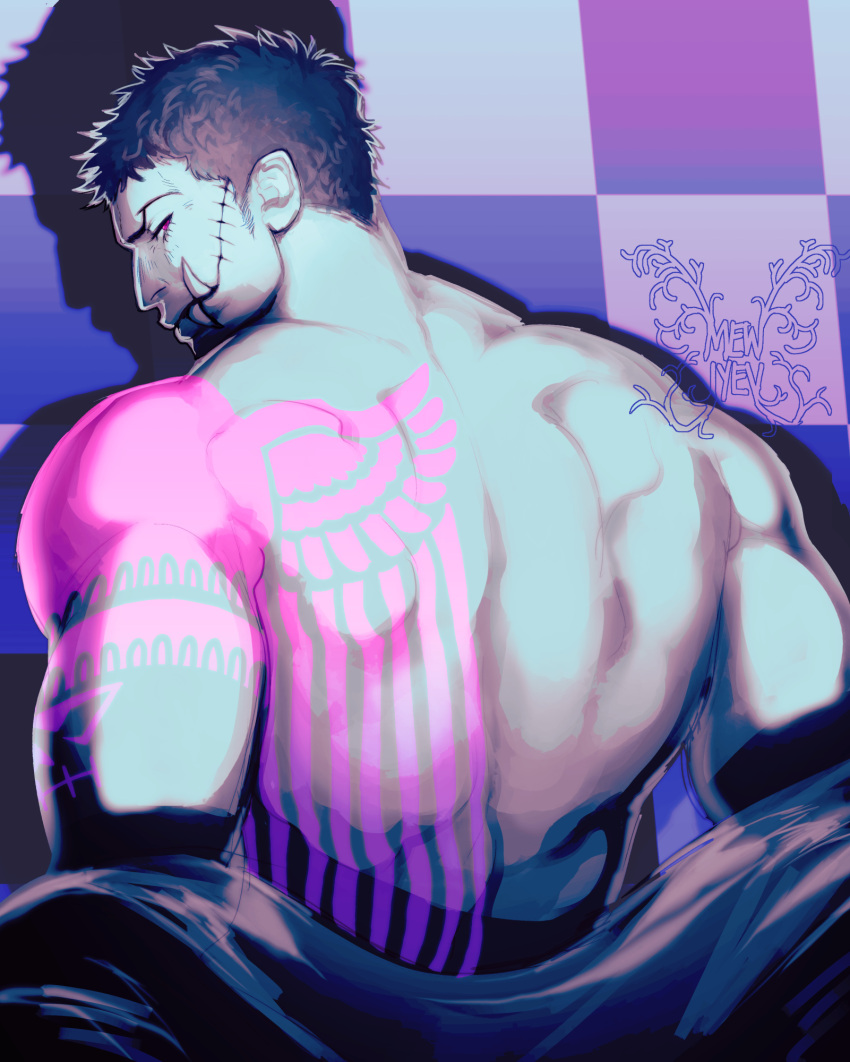 1boy arm_tattoo back back_focus back_tattoo bara bare_back charlotte_katakuri from_behind highres looking_at_viewer looking_back male_focus mature_male mewiyev muscular muscular_male one_piece open_clothes purple_theme short_hair solo stitches tattoo undressing upper_body