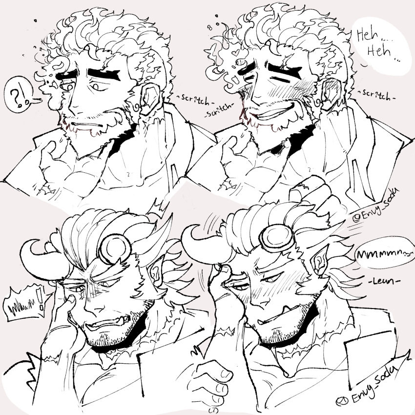 !? 3boys =_= bara beard blush broken_horn demon_boy demon_horns english_text envysoda eyebrow_cut facial_hair feeling_facial_hair fiery_horns flaming_eye furrowed_brow grabbing_another's_arm greyscale_with_colored_background happy hephaestus_(housamo) highres horns large_pectorals male_focus mature_male motion_lines multiple_boys mutton_chops pectoral_cleavage pectorals playing_with_another's_hair protagonist_3_(housamo) sanpaku scar spoken_interrobang stubble surprised takemaru_(housamo) thick_eyebrows tokyo_afterschool_summoners tsundere turn_pale upper_body v-shaped_eyebrows yaoi