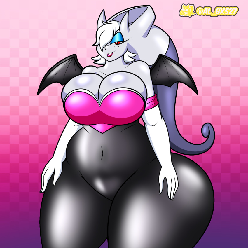 al_gx anthro big_breasts breasts clothed clothing curvy_figure female freckles generation_1_pokemon gloves hair handwear hi_res horn latex legendary_pokemon mammal mega_evolution mega_mewtwo mega_mewtwo_y megan_(al_gx) mewtwo nintendo pokemon pokemon_(species) purple_body red_eyes rouge_the_bat_outfit rubber rubber_clothing rubber_suit short_hair solo text thick_thighs white_hair wide_hips